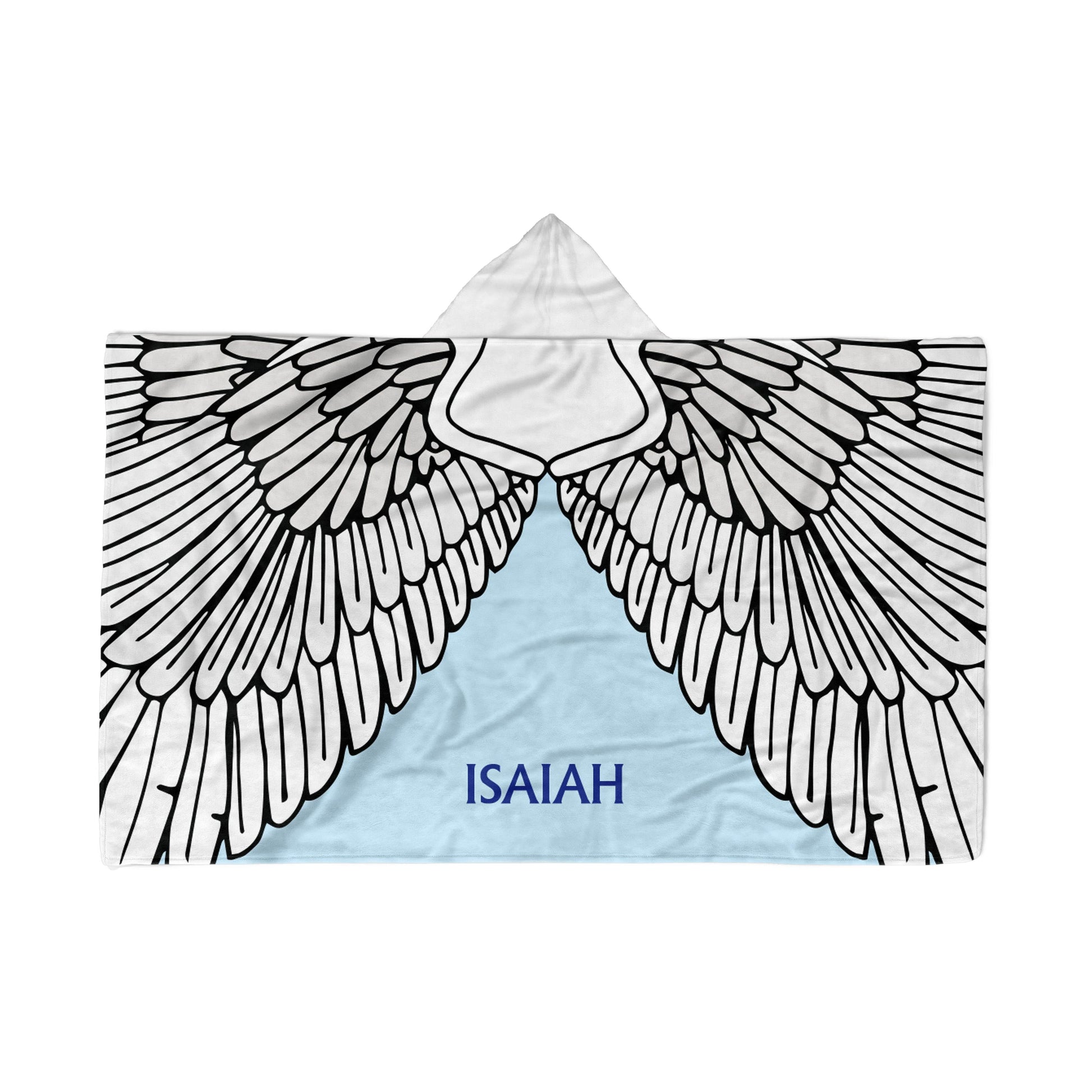 A hooded blanket with Angel wings design and the name "Isaiah" in the center, displayed flat on a White background.