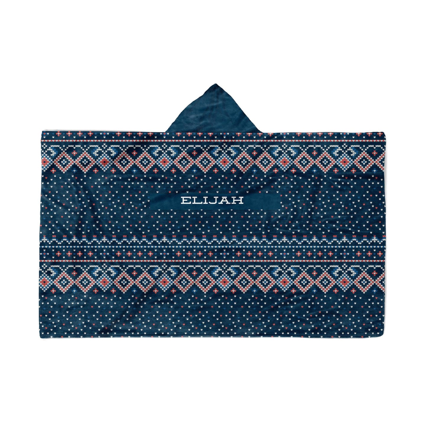 A blue hooded blanket with christmas design and the name "Elijah" at bottom, displayed flat on a white background.