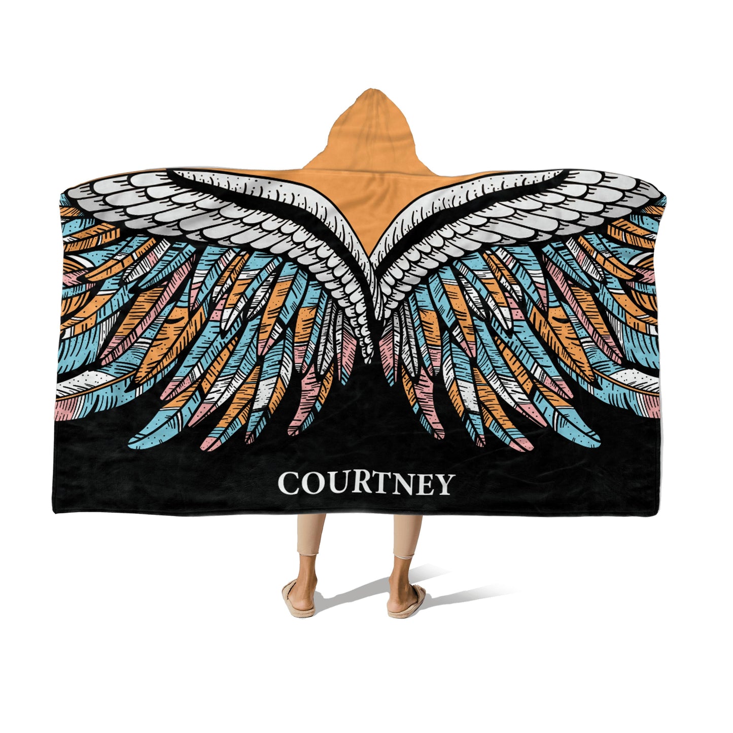 Person wearing a Hooded Fleece Blanket: Butterfly Wings design and a customized name Courtney