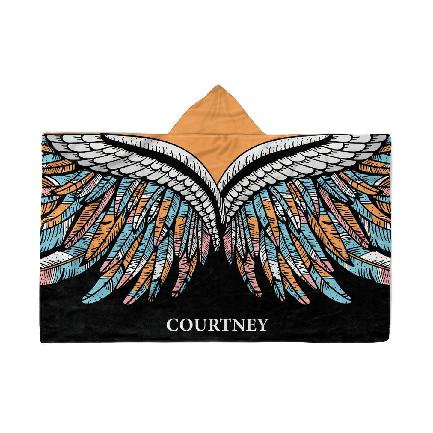 backside of a Hooded Fleece Blanket: Boho Wings design and a customized name Courtney