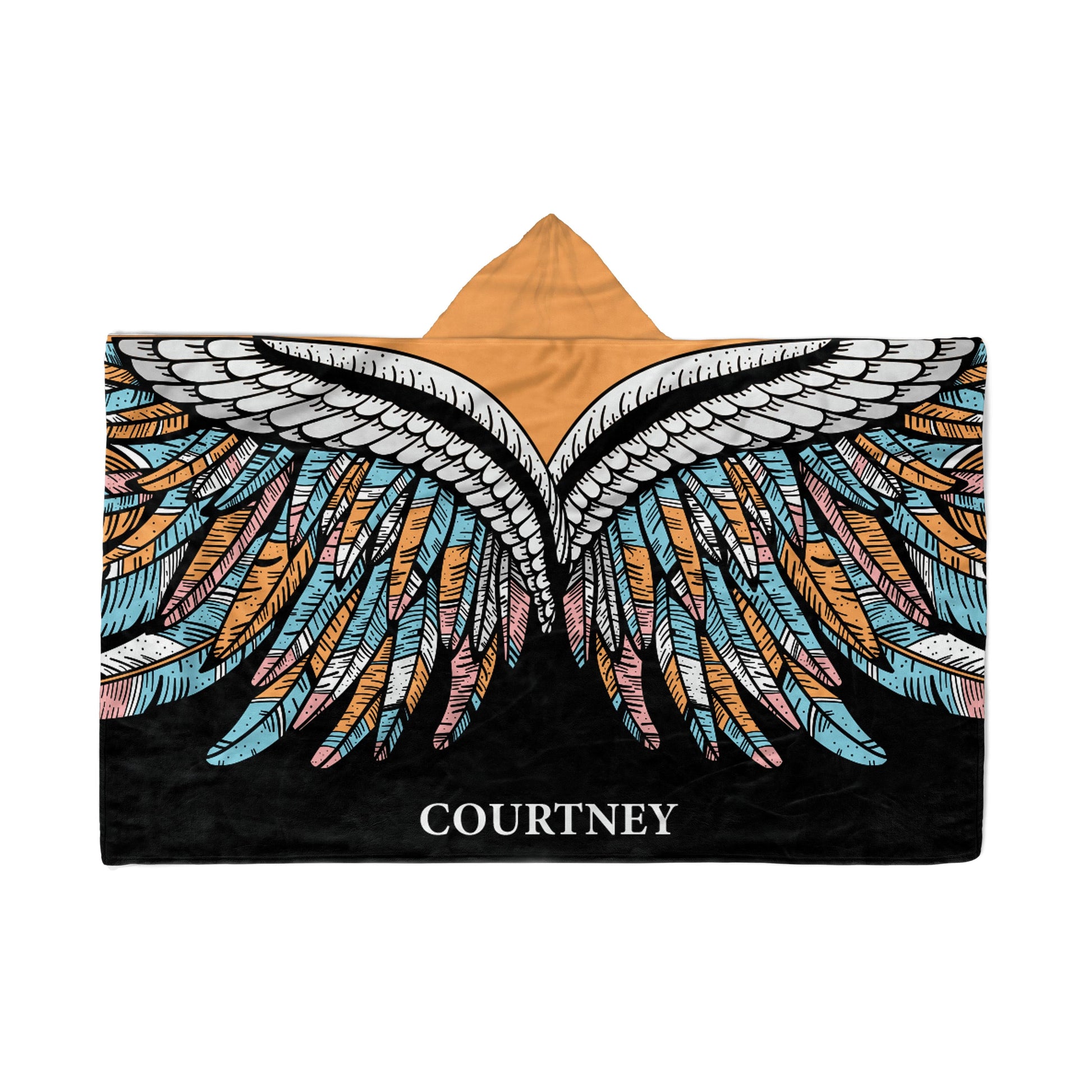 backside of a Hooded Fleece Blanket: Boho Wings design and a customized name Courtney