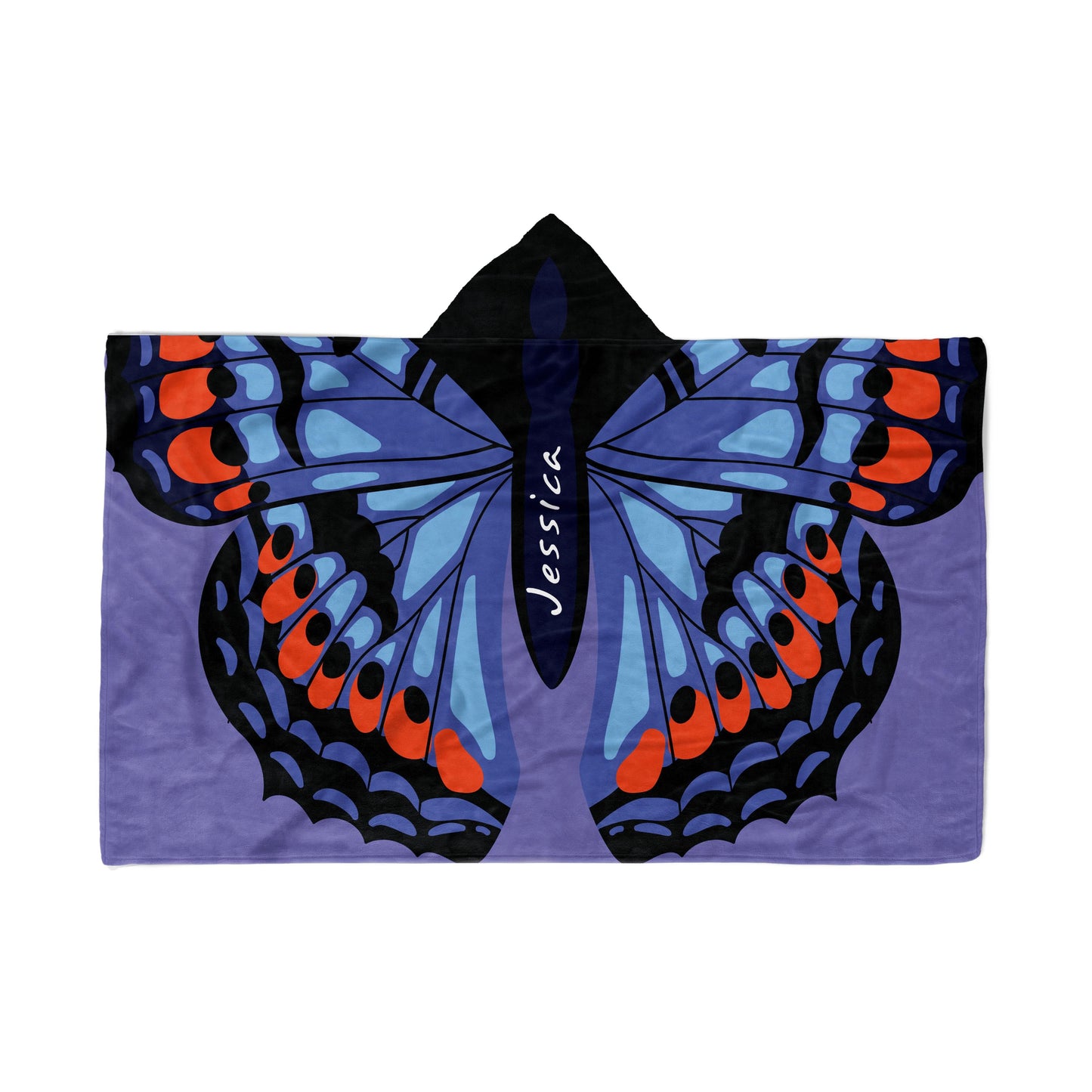 backside of a Hooded Fleece Blanket: Butterfly Wings design and a customized name Jessica