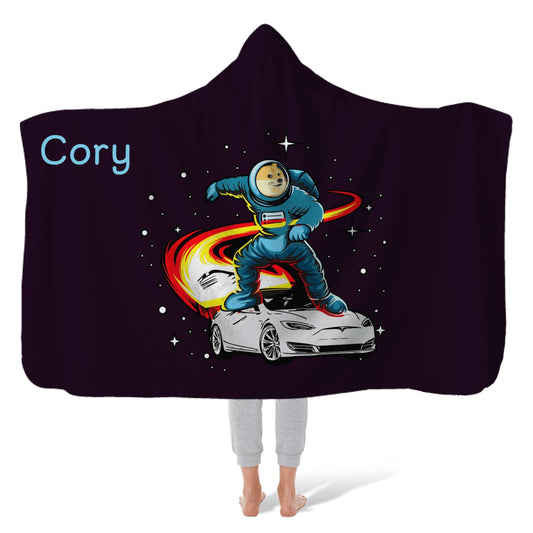 Hooded Fleece Blanket: Dogecoin Space Surf Hooded Fleece Blanket Sam + Zoey