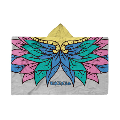 A hooded blanket with Floral wings design and the name "Theresa" in the center, displayed flat on a White background.