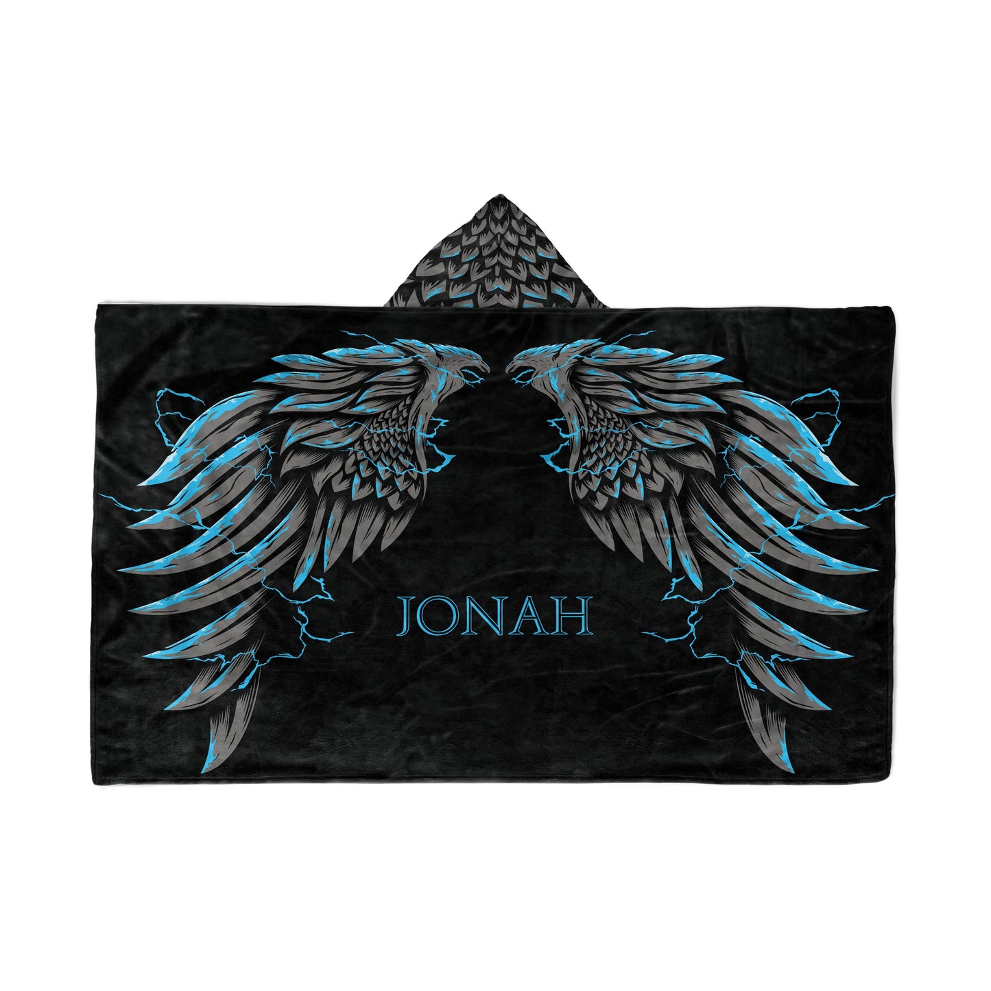 A hooded blanket with griffin wings design and the name "Jonah" in the center, displayed flat on a White background.