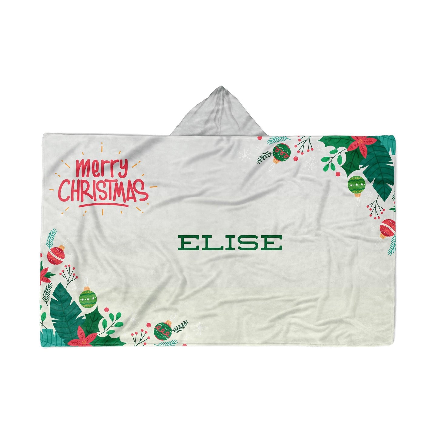 A white hooded blanket with christmas design and the name "Elise" at center, displayed flat on a white background.