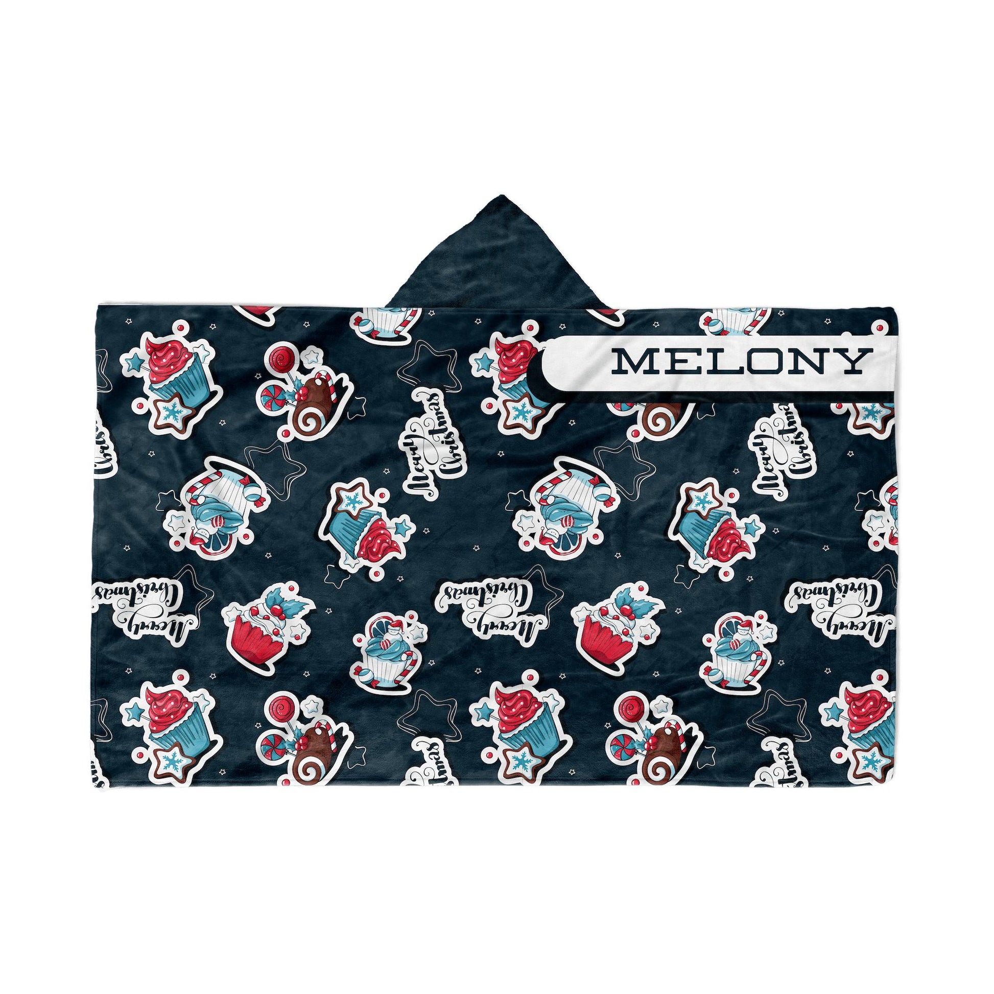 A blue hooded blanket with christmas design and the name "Melony" on top-right, displayed flat on a white background.