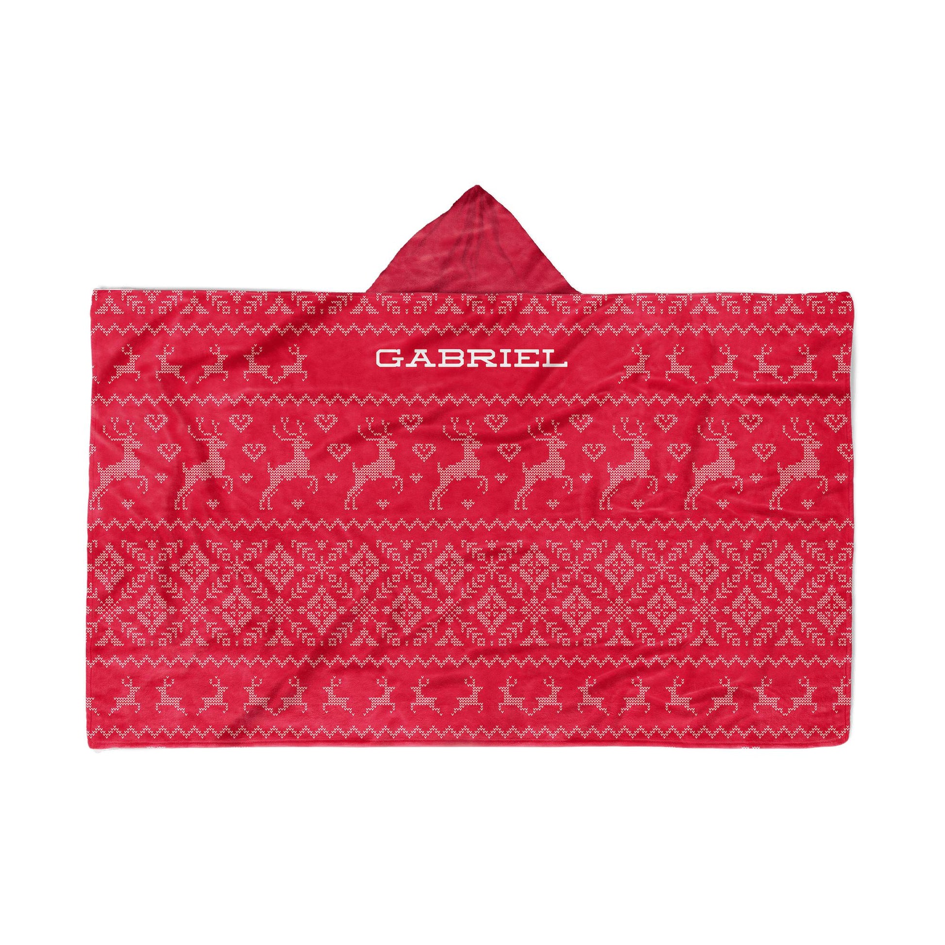 A red hooded blanket with christmas design and the name "Gabriel" at bottom, displayed flat on a white background.