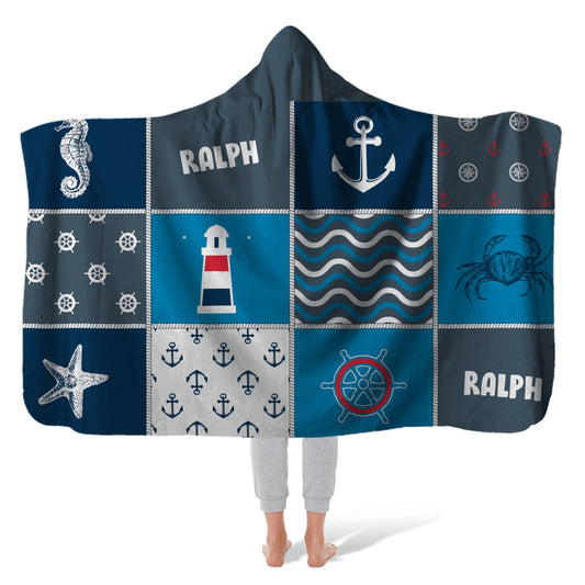 Hooded Fleece Blanket: Sea Grid Hooded Fleece Blanket Sam + Zoey