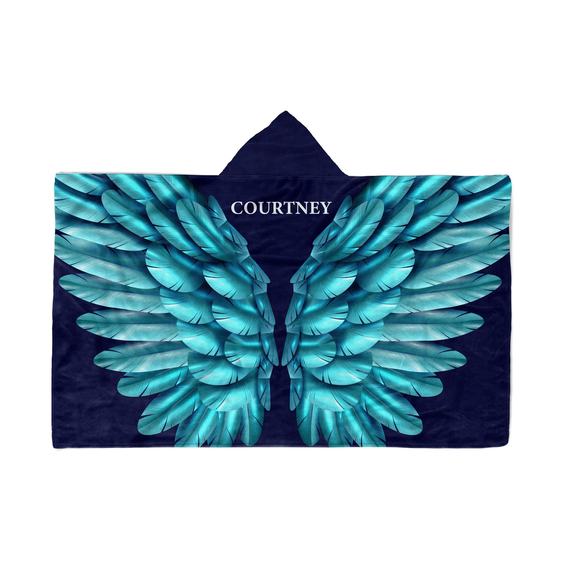 backside of a Hooded Fleece Blanket: Turquoise Wings design and a customized name Jessica