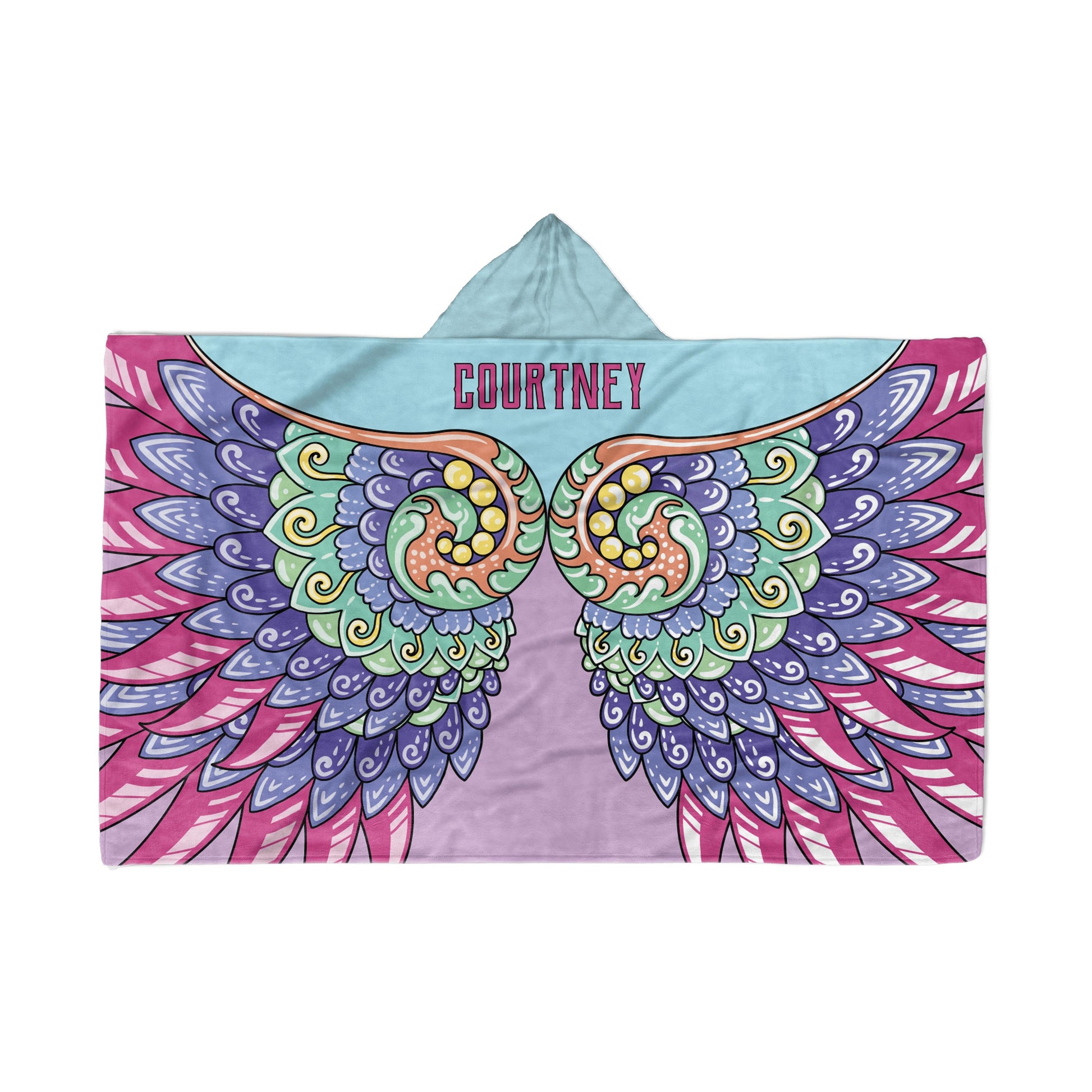 A hooded blanket with Whimsical wings design and the name "Courtney" in the center, displayed flat on a White background.