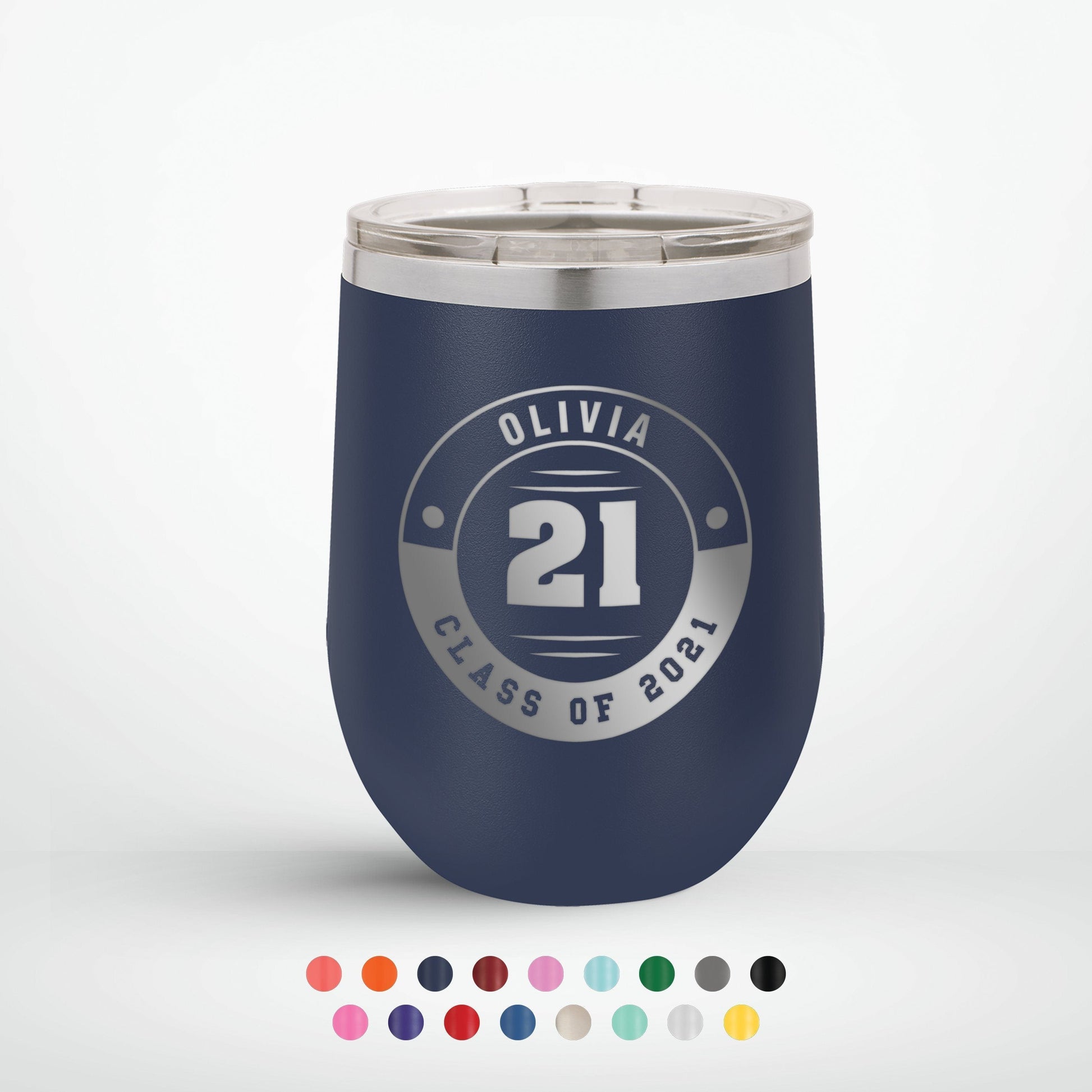 A Personalized Retro Graduation Badge 12oz Insulated Wine Tumbler with olivia printed in blue color