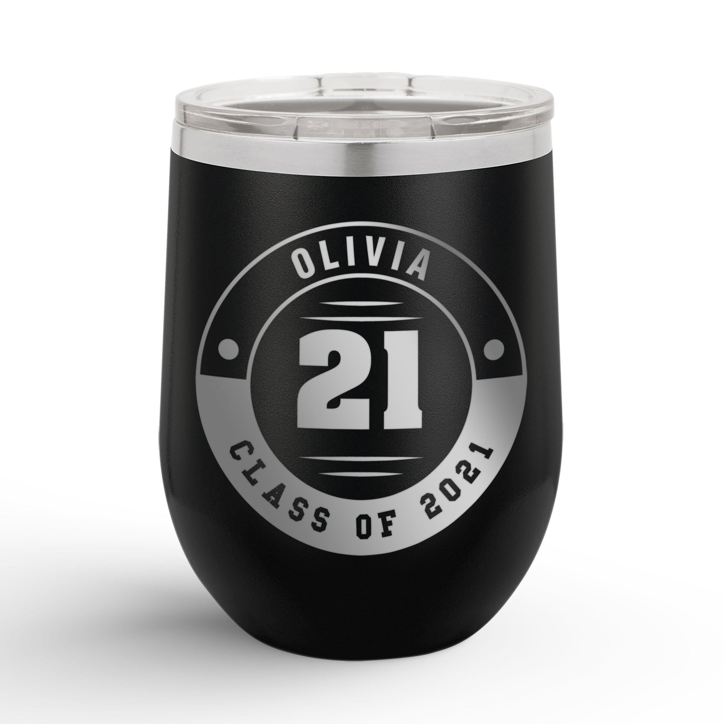 A Personalized Retro Graduation Badge 12oz Insulated Wine Tumbler with olivia printed in black color