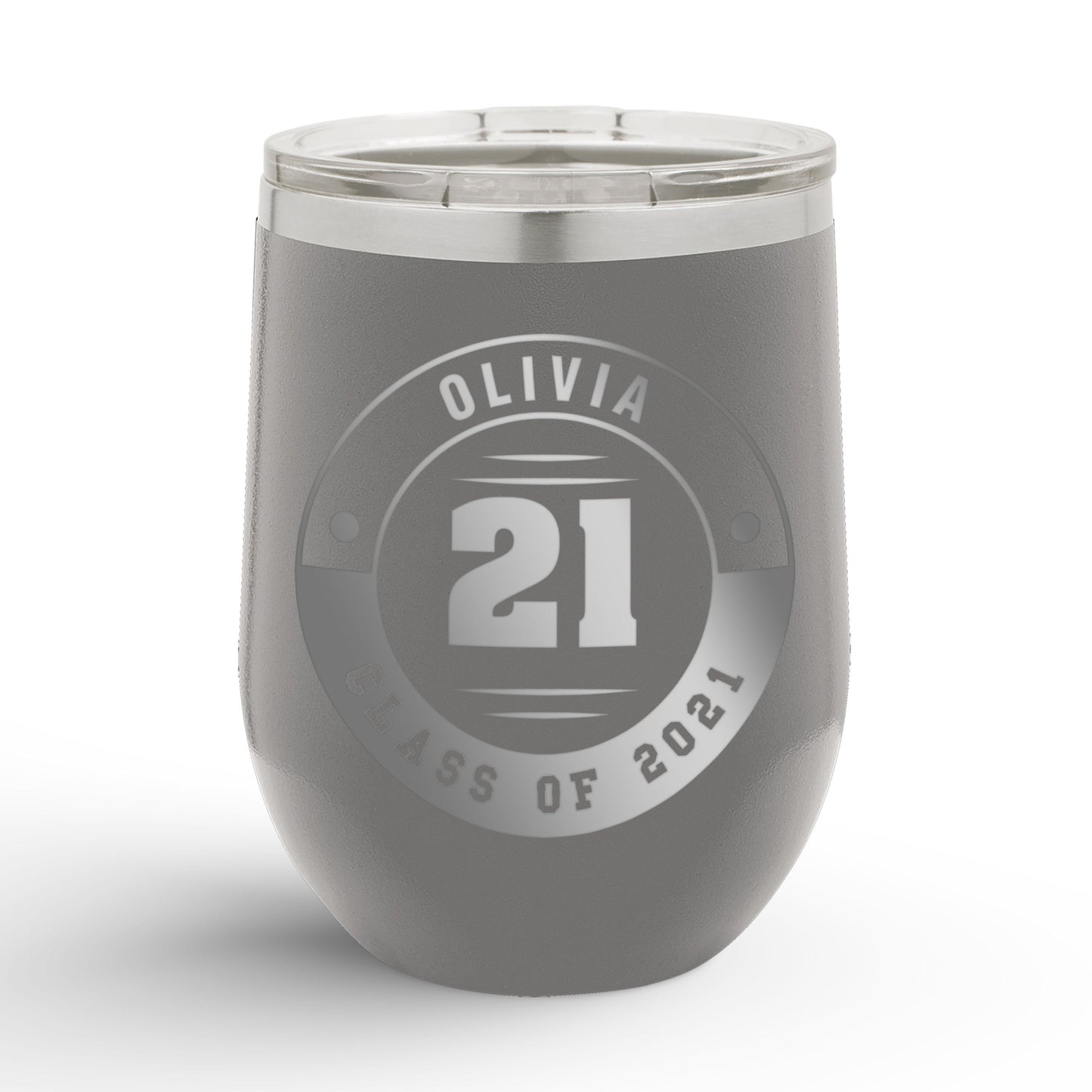 A Personalized Retro Graduation Badge 12oz Insulated Wine Tumbler with olivia printed in dark gray color