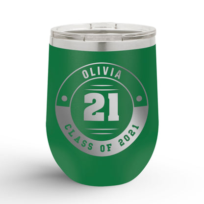 A Personalized Retro Graduation Badge 12oz Insulated Wine Tumbler with olivia printed in green color