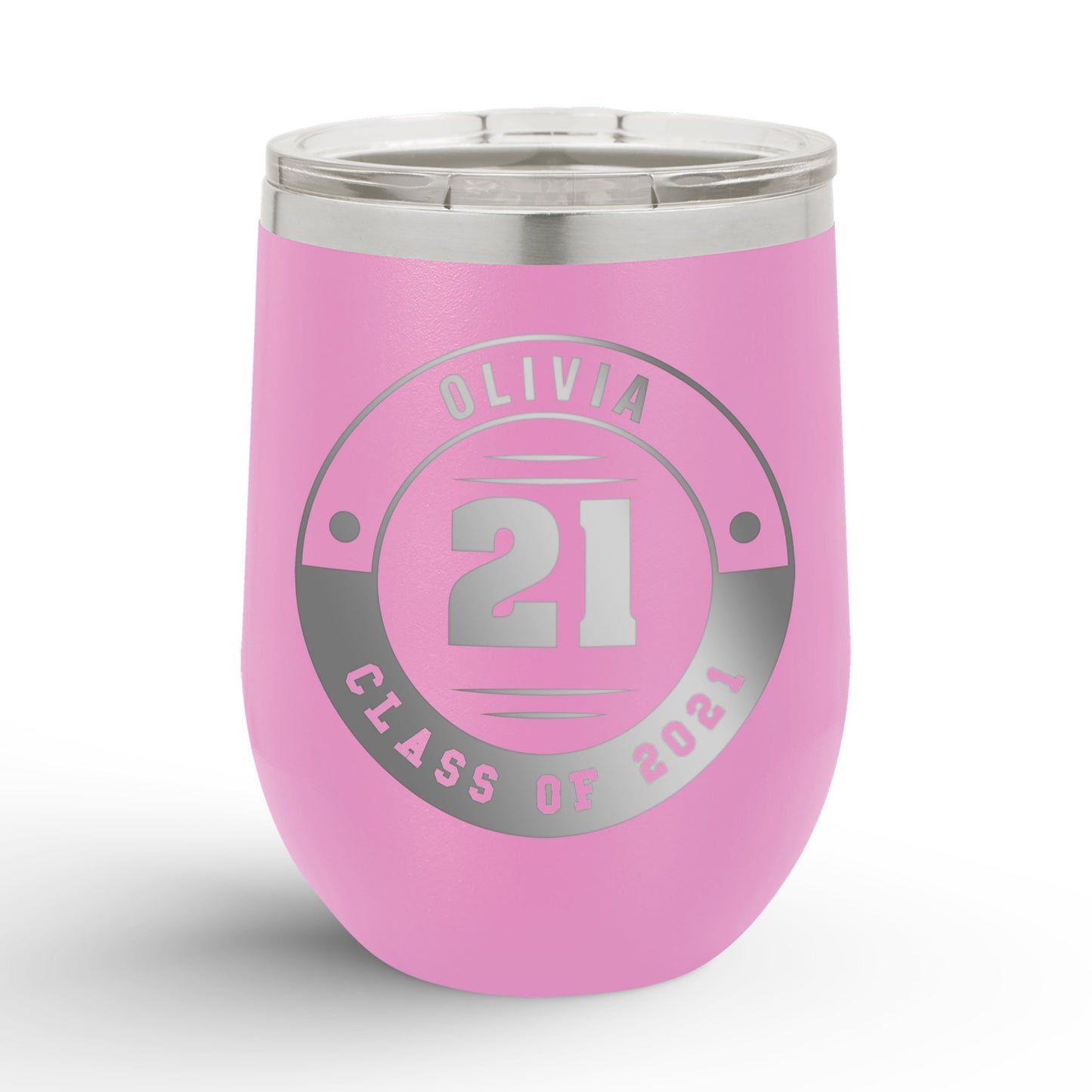 A Personalized Retro Graduation Badge 12oz Insulated Wine Tumbler with olivia printed in light purple color