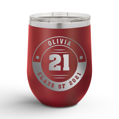 A Personalized Retro Graduation Badge 12oz Insulated Wine Tumbler with olivia printed in maroon color