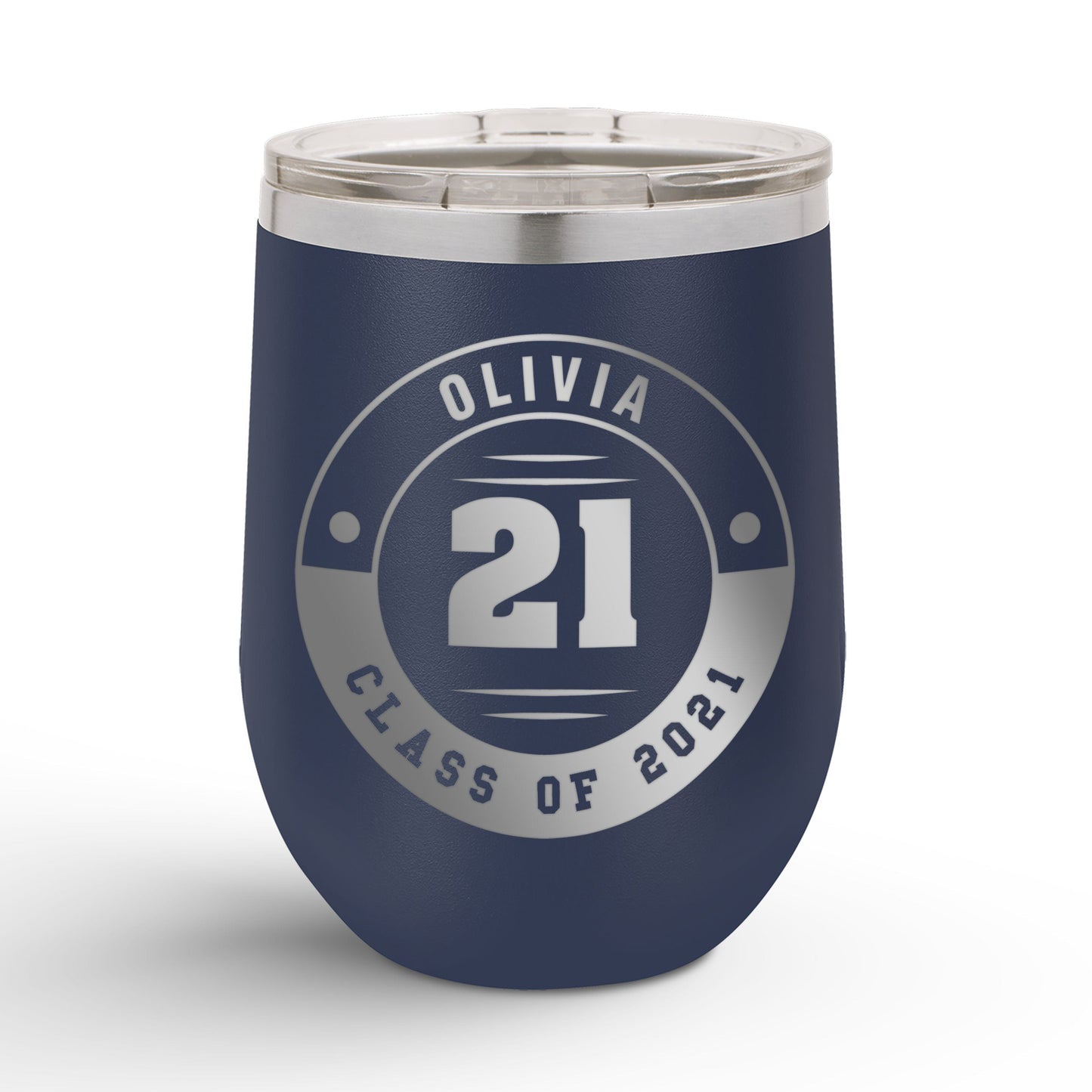 A Personalized Retro Graduation Badge 12oz Insulated Wine Tumbler with olivia printed in navy blue color