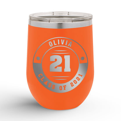 A Personalized Retro Graduation Badge 12oz Insulated Wine Tumbler with olivia printed in orange color