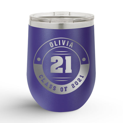 A Personalized Retro Graduation Badge 12oz Insulated Wine Tumbler with olivia printed in purple color