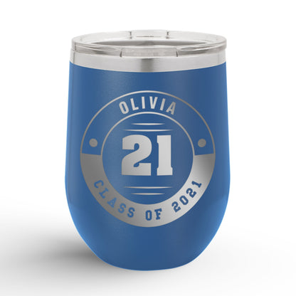 A Personalized Retro Graduation Badge 12oz Insulated Wine Tumbler with olivia printed in royal blue color