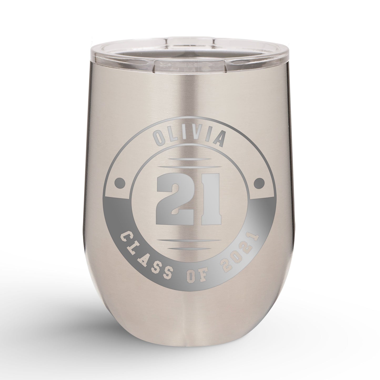 A Personalized Retro Graduation Badge 12oz Insulated Wine Tumbler with olivia printed in stainless steel color