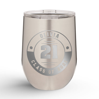 A Personalized Retro Graduation Badge 12oz Insulated Wine Tumbler with olivia printed in stainless steel color