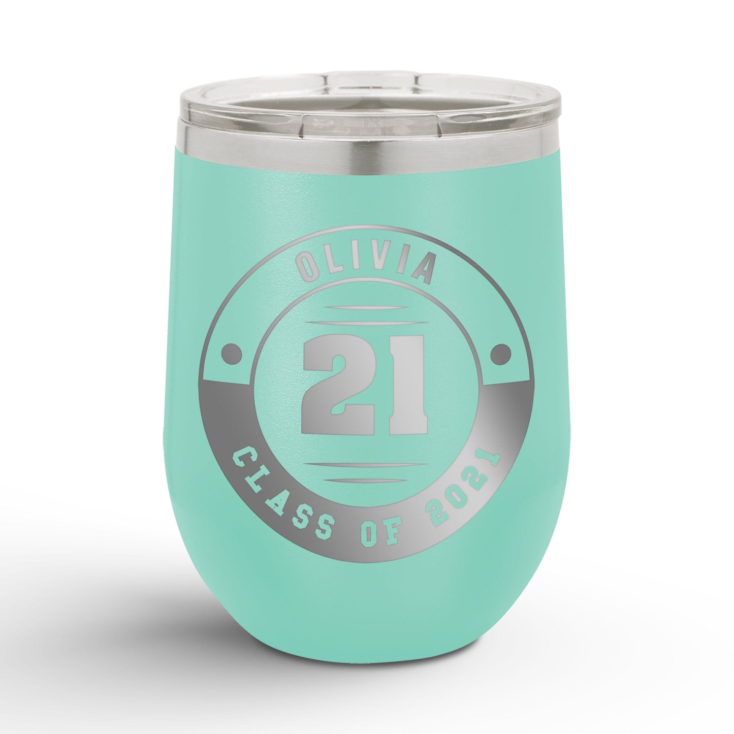 A Personalized Retro Graduation Badge 12oz Insulated Wine Tumbler with olivia printed in teal color