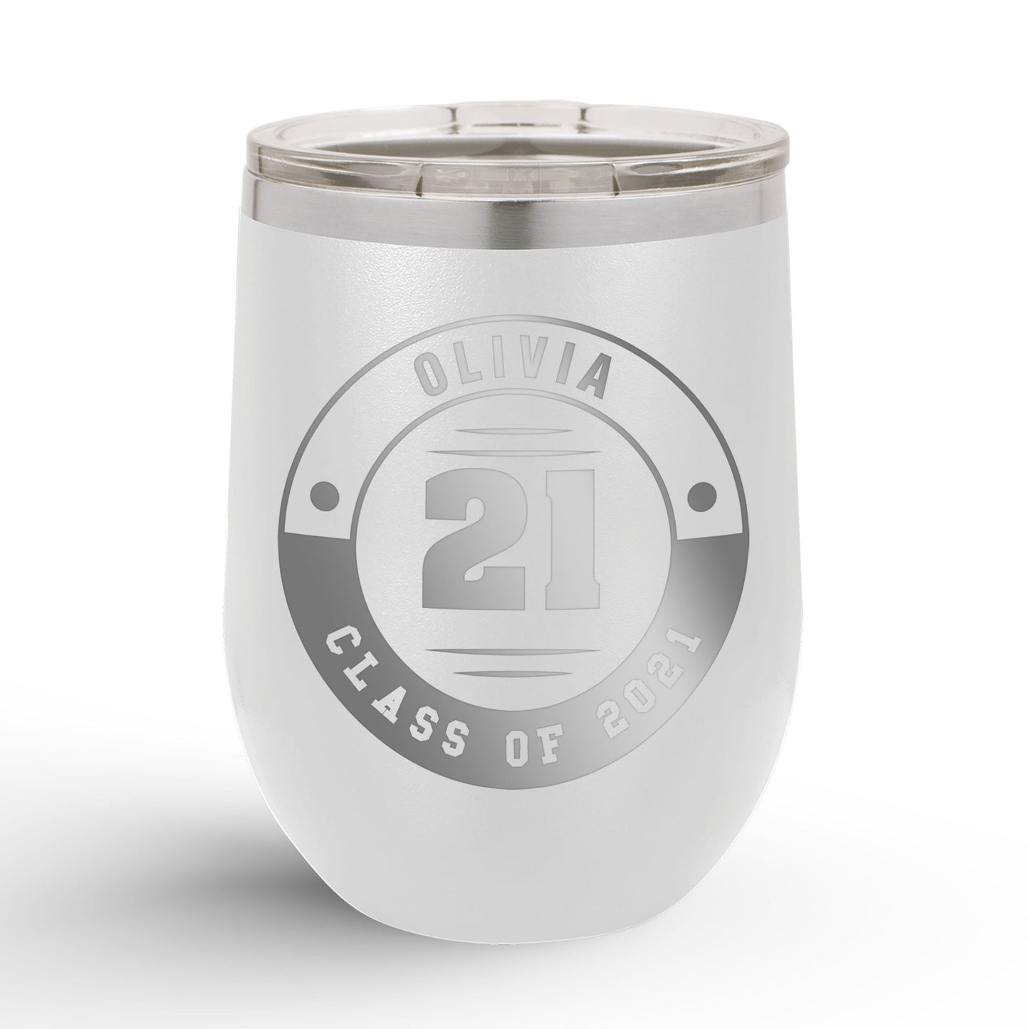 A Personalized Retro Graduation Badge 12oz Insulated Wine Tumbler with olivia printed in white color