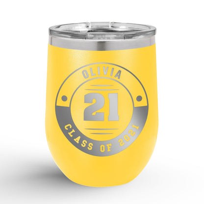 A Personalized Retro Graduation Badge 12oz Insulated Wine Tumbler with olivia printed in yellow color