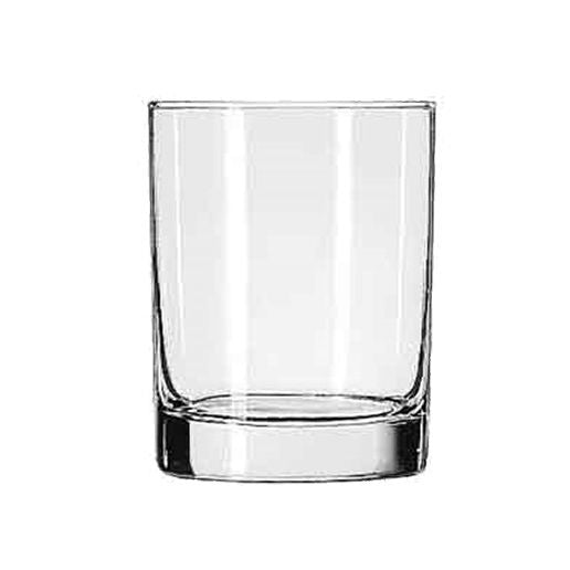 A transparent heavy duty plain rocks glass displayed on a white background