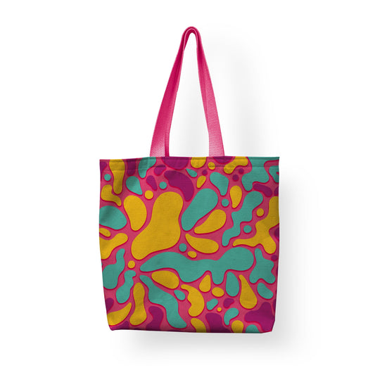 A fashion tote by Sam and Zoey featuring a modern psychedelic pink pattern, characterized by vibrant swirls and abstract designs, adding a bold and artistic touch to your accessory collection.