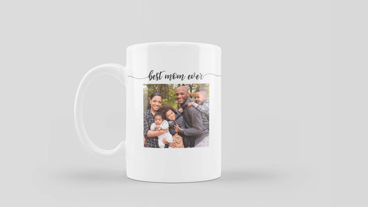 White ceramic mug with "Best Mom Ever" printed in black cursive font, featuring a personalized photo of a mother and child.