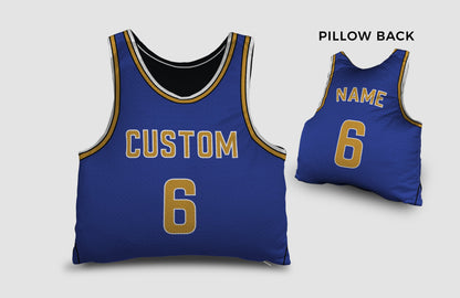 Front and backside of a Personalized Basketball Jersey Pillow in Blue-Yellow-White color