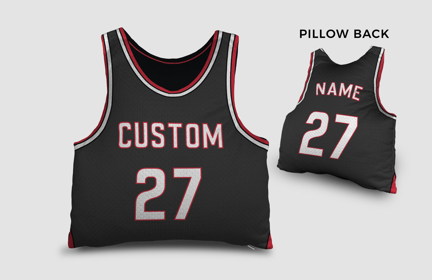 Front and backside of a Personalized Basketball Jersey Pillow in Black-Red-White color 