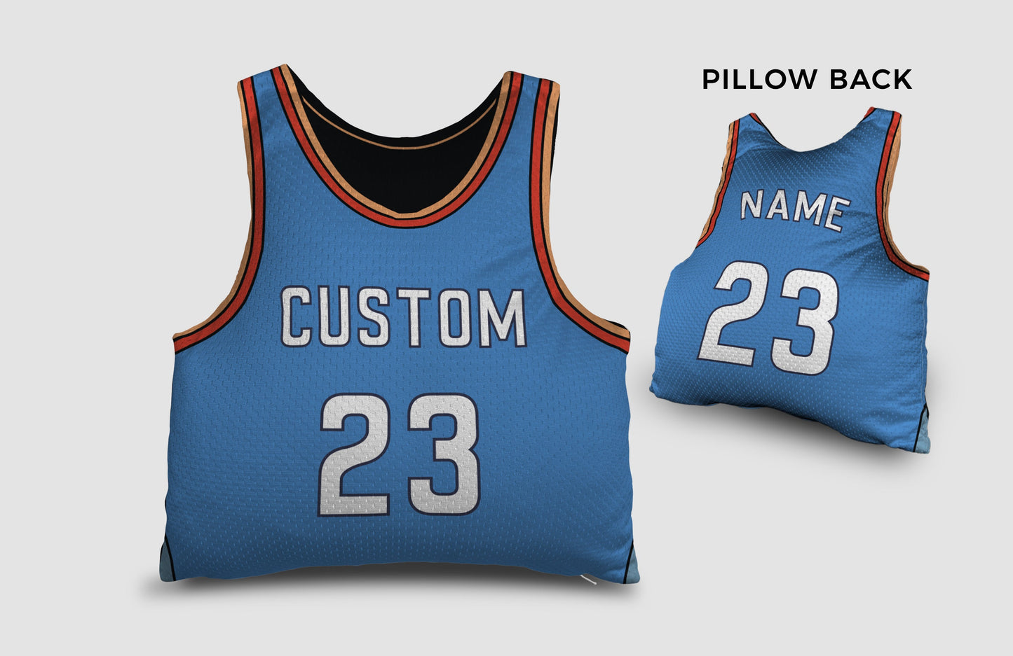 Front and backside of a Personalized Basketball Jersey Pillow in Sky-red-orange color 