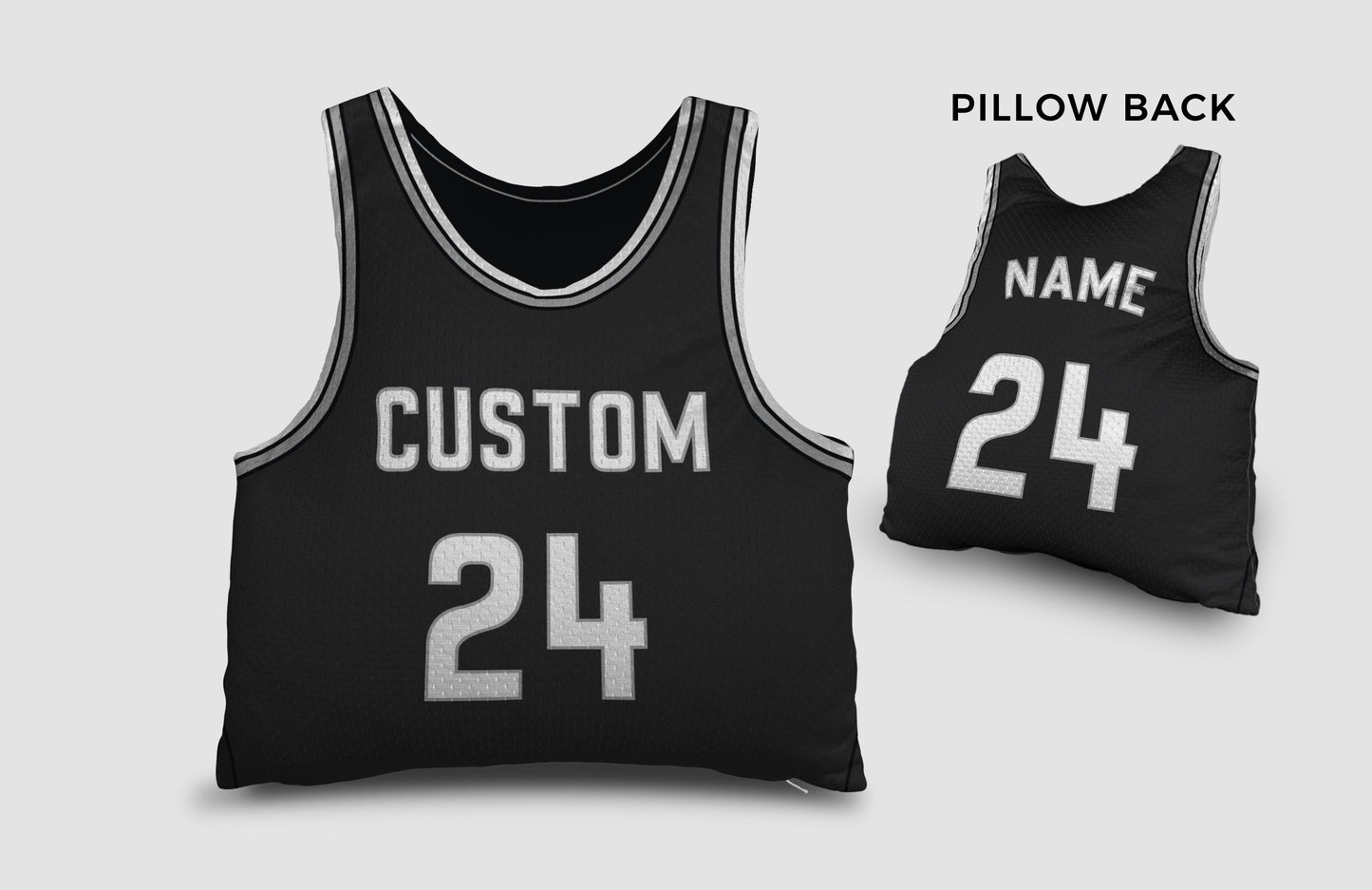 Front and backside of a Personalized Basketball Jersey Pillow in black-white-grey color 