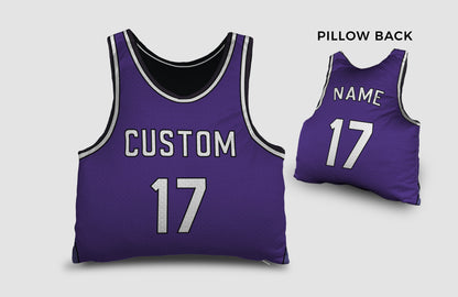 Front and backside of a Personalized Basketball Jersey Pillow in White-Purple color