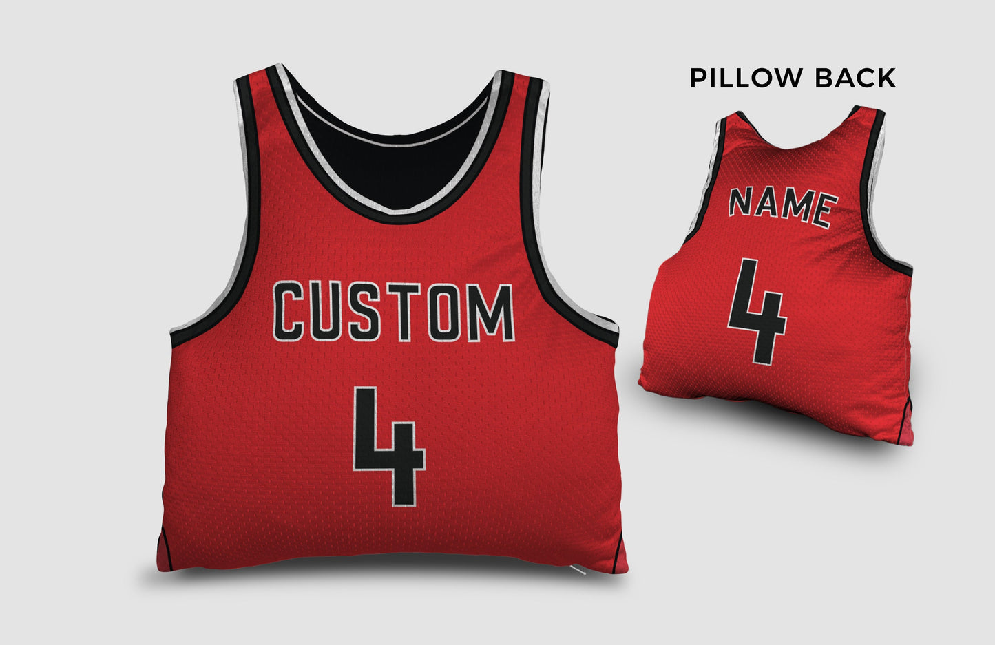 Front and backside of a Personalized Basketball Jersey Pillow in Red-Black-White color