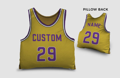 Front and backside of a Personalized Basketball Jersey Pillow in Yellow-Purple-White color 