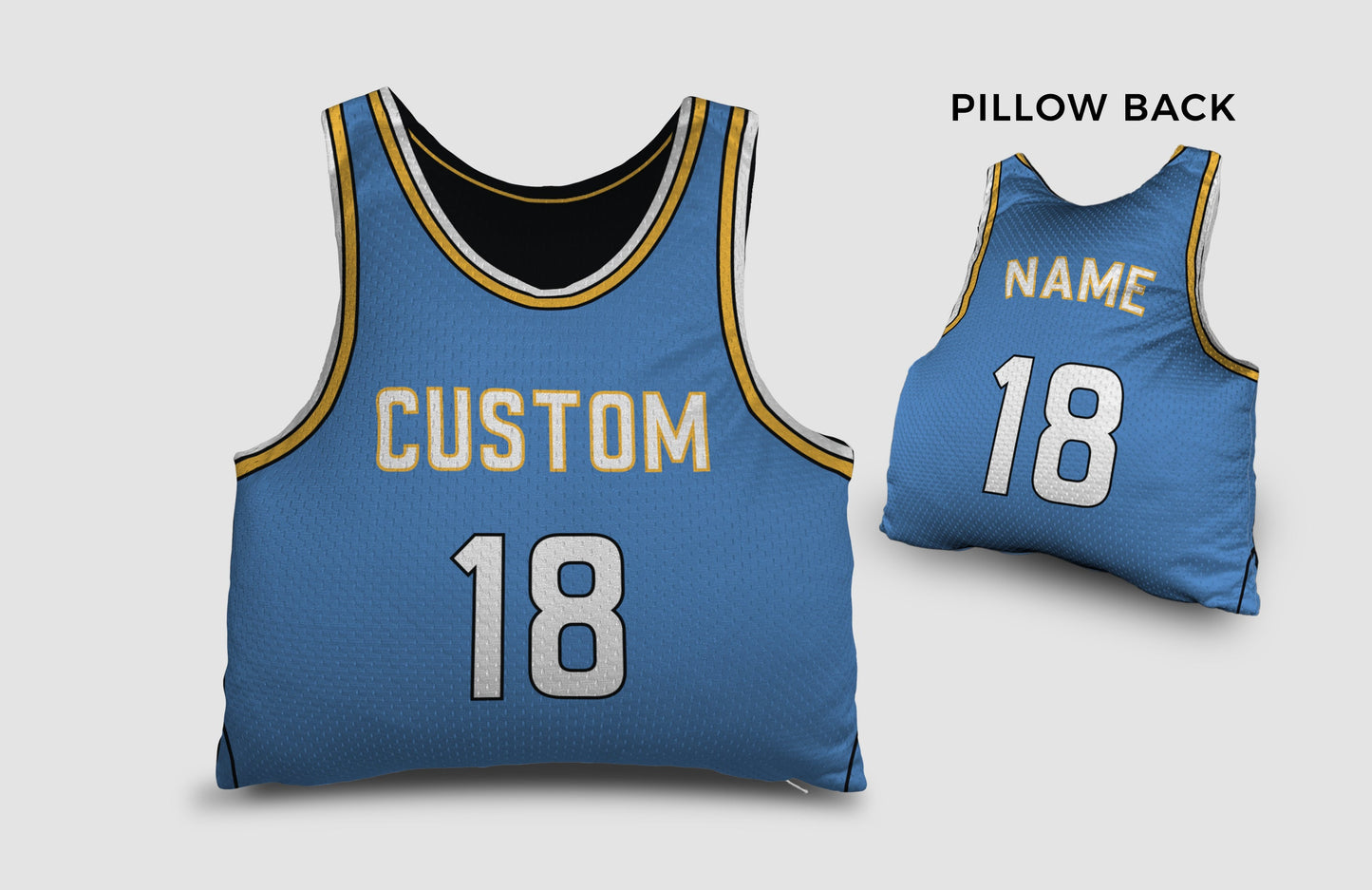 Front and backside of a Personalized Basketball Jersey Pillow in Sky Blue-Yellow-White color 