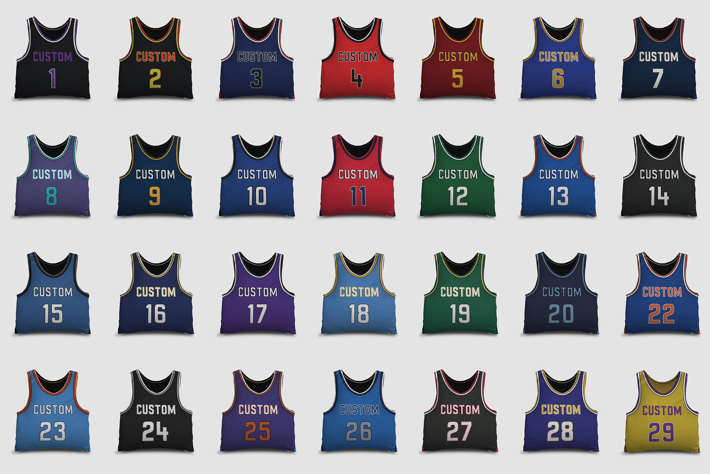 Twenty different type of Personalized Basketball Jersey Pillow with different designs on a white surface