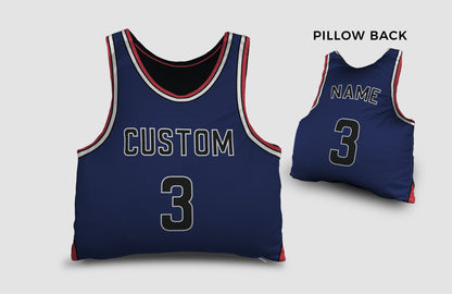 Front and backside of a Personalized Basketball Jersey Pillow in Red-Royal-White color 