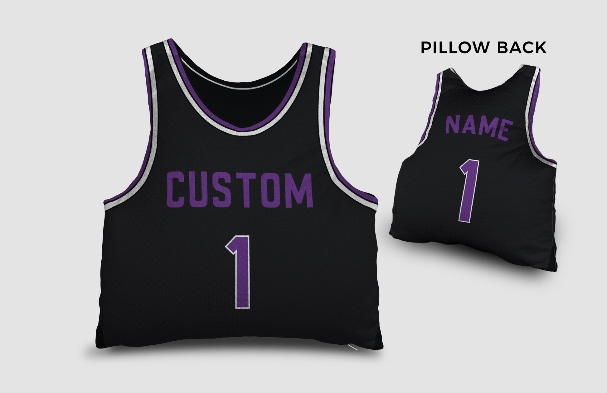 Front and backside of a Personalized Basketball Jersey Pillow in Black-Purple color