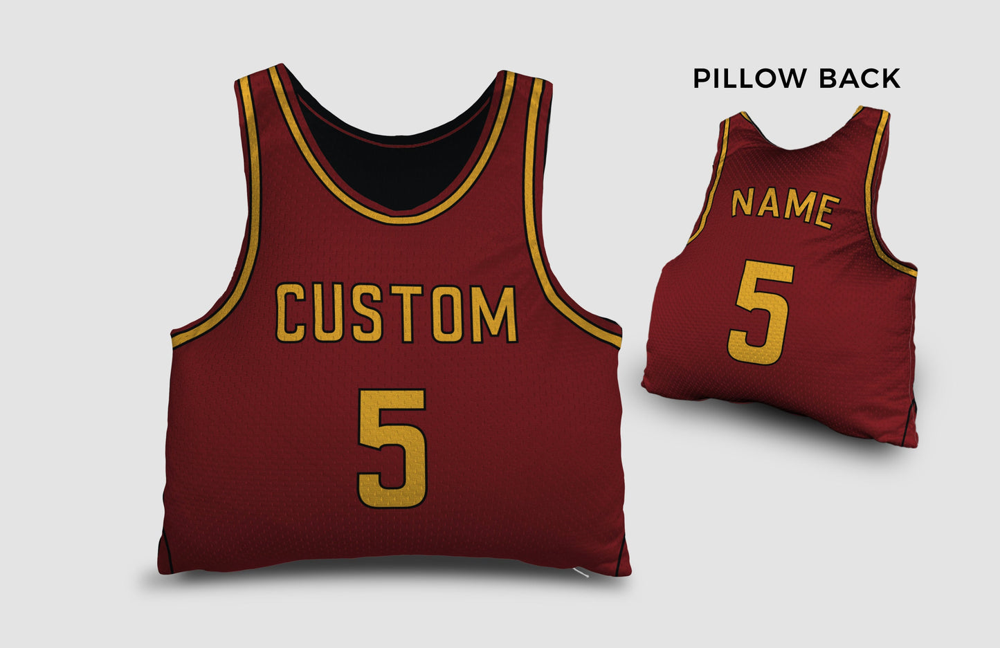 Front and backside of a Personalized Basketball Jersey Pillow in Yellow-Maroon color