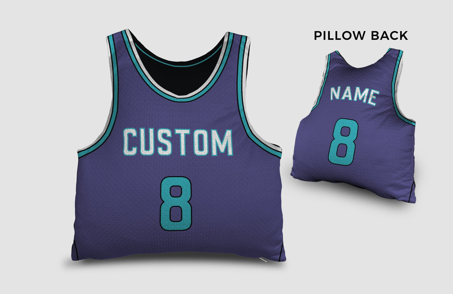 Front and backside of a Personalized Basketball Jersey Pillow in teal-purple-white color