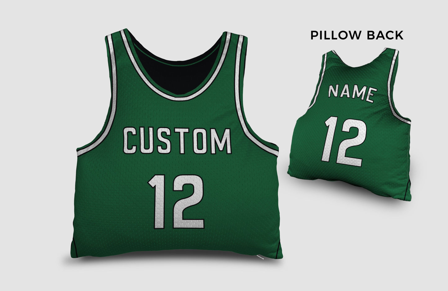 Front and backside of a Personalized Basketball Jersey Pillow in Green-White color