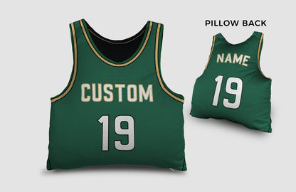 Front and backside of a Personalized Basketball Jersey Pillow in Green-Gold-Black color  