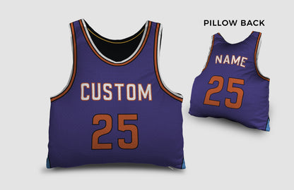 Front and backside of a Personalized Basketball Jersey Pillow in Purple-Maroon-White color 