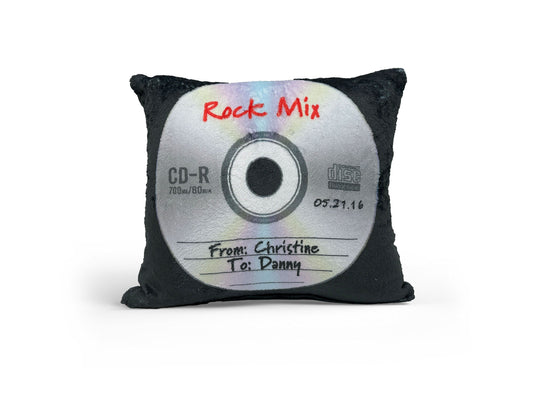 Personalized rock mix CD throw pillow in milky fleece, featuring custom title and names embroidery, cozy and sentimental home decor.